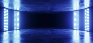 Cyber fütüristik dans sahne Sci Fi Modern Retro stüdyo ışık Neon parlayan Led lazer ışıkları boş podyum Bloom canlı mavi 3d render illüstrasyon üzerinde