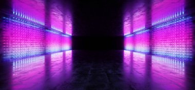Neon parlayan Sci Fi fütüristik Cyber Retro boş Grunge beton karanlık yansıtıcı tünel koridor mor pembe mavi ışıklar nokta şeklinde Studio Club 3d render illüstrasyon