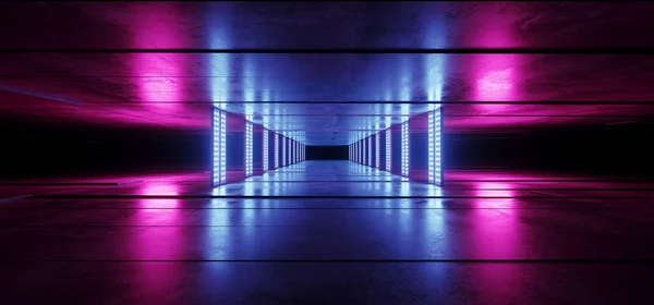 Sci Fi Cyber Futuristic Alien Ship Dance Light Neon Glowing Purple Pink Blue Laser Lights Led On Dark Grunge Concrete Floor Tunnel Corridor Empty Background 3D Rendering Illustration