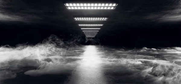 Smoke Fog Sci Fi Cyber Futuristic Alien Ship Dance Light Neon Glowing White Laser Lights Led On Dark Grunge Concrete Floor Tunnel Corridor Empty Background 3D Rendering Illustration