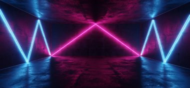 Sci Fi Modern uzaylı üçgen Neon dans kulübü parlak pembe mor mavi sahne podyum duman ve sis üzerinde karanlık Grunge beton yansıma oda canlı 3d render illüstrasyon şeklinde daire