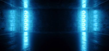 Sci Fi fütüristik Neon Led Modern zarif boş karanlık canlı mavi parlak sahne parlayan lazer podyum ışık yansıtıcı Grunge beton tünel koridor Club Oda 3d render illüstrasyon