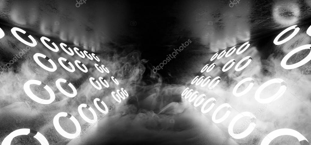 Sci Fi Modern Alien Triangle Neon Dance Club Glowing White Stage Podium Circle Shaped With Smoke And Fog On Dark Grunge Concrete Reflection Room Vibrant 3D Rendering Illustration