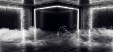 Duman Neon Cyber Sci Fi fütüristik Modern beyaz parlak Led lazer dans kulübü ışıkları karanlık Grunge beton yansıtıcı Oda boş alan 3d render illüstrasyon