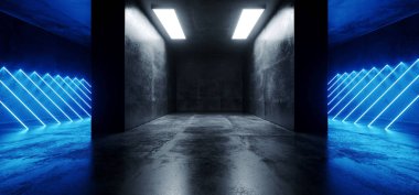 Beton Neon Sci Fi futuristik yabancı gemi Modern yansıtıcı Grunge Oda stüdyo ışıkları ve eğik tüp ile Işıklar liderliğindeki lazerler boş alanı Club dans 3d render illüstrasyon
