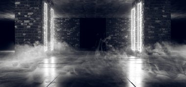 Parti sis duman Retro Neon fütüristik Grunge tuğla beton parlayan beyaz boş dans podyum Oda Kulübü ile merdiven Sci Fi lazerler ışınları canlı 3d çizim oluşturma