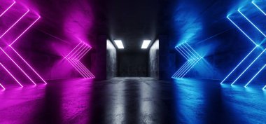 Neon Cyber Sci Fi fütüristik Modern Retro Led lazer dans ışıklar mavi pembe mor ışık yansıtıcı Grunge beton karanlık boş oda koridorda şeklinde ok 3d render illüstrasyon