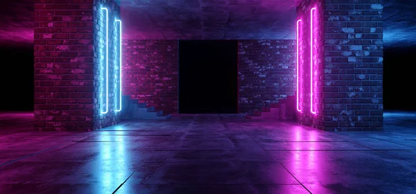 Retro Neon Futuristic Grunge Brick Concrete Glowing Purple Pink Blue Empty Dance Podium Room Club With Stairs Sci Fi Lasers Rays Vibrant 3D Rendering Illustration