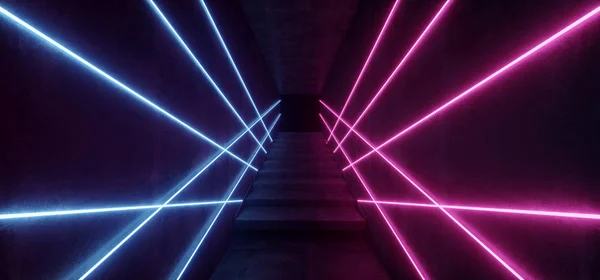 Night Retro Dance Club Neon Lights Empty Space Dark Stairs Sci Fi Modern Futuristic Laser Rays Glowing Purple Pink Blue Background 3D Rendering Illustration