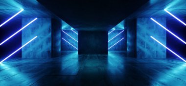 Sci Fi Neon Cyber fütüristik Modern Retro yabancı dans kulübü canlı mavi ışıkları karanlık boş Grunge beton Refelctive Oda Corrior arka plan 3d render illüstrasyon parlayan