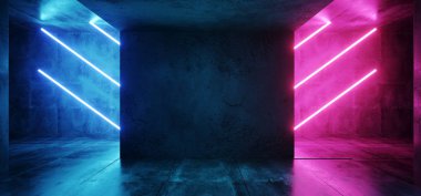 Sci Fi Neon Cyber fütüristik Modern Retro yabancı dans kulübü parlak mor pembe mavi ışıkları karanlık boş Grunge beton yansıtıcı Oda Koridorda arka plan 3d render illüstrasyon