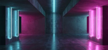 Sci Fi Neon Cyber fütüristik Modern Retro yabancı dans kulübü parlak mor pembe mavi ışıkları karanlık boş Grunge beton yansıtıcı Oda Koridorda arka plan 3d render illüstrasyon