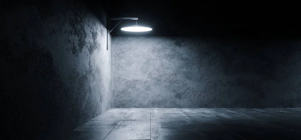 科幻未来派明亮的黑暗空的演播室平台展示房间反光混凝土发光优雅的房间隧道空空间背景3D 渲染插图 — 图库照片