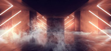 Sci Fi duman Neon Cyber fütüristik Modern Retro yabancı dans kulübü parlayan turuncu sarı kırmızı ışık karanlık boş Grunge beton yansıtıcı Oda Koridorda arka plan 3d render illüstrasyon