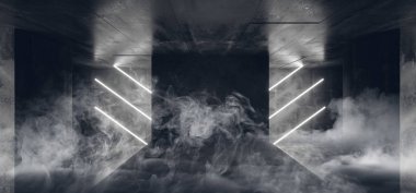 Duman sis Sci Fi Neon Cyber fütüristik Modern Retro yabancı dans kulübü parlayan beyaz ışıkları karanlık boş Grunge beton yansıtıcı Oda Koridorda arka plan 3d render illüstrasyon