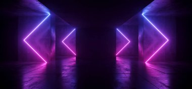 Sci Fi oklar şeklinde Neon Cyber fütüristik Modern Retro yabancı dans kulübü mor parlak pembe mavi ışıkları karanlık boş Grunge beton yansıtıcı Oda Koridorda arka plan 3d render illüstrasyon