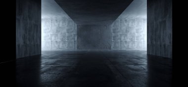 Sci Fi fütüristik parlak koyu boş stüdyo podyum Showroom yansıtıcı Grunge beton parlayan zarif oda tünel boş alanı arka plan 3d render illüstrasyon