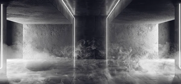 Smoke Fog Sci Fi Neon Cyber Futuristic Modern Retro Alien Dance Club Glowing White Lights In Dark Empty Grunge Concrete Reflective Room Corridor Background 3D Rendering Illustration