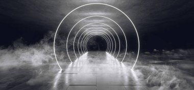 Duman Sci Fi daire şeklinde Neon lazer parlayan Led fütüristik Modern boş dans ışıklar Grunge yansıtıcı beton doku satırlarında kiremitli yabancı gemi arka plan 3d render illüstrasyon