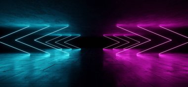 Mor pembe mavi parlak neon lazer şeklinde Sci Fi ok liderliğindeki fütüristik Modern boş dans ışık Grunge yansıtıcı beton doku satırlarında kiremitli yabancı gemi arka plan 3d render illüstrasyon