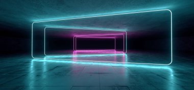 Neon parlayan mavi mor lazer dikdörtgen çerçeve boş fütüristik Sci Fi Retro ışık Grunge yansıtıcı beton tünel koridor Oda arka plan üzerinde dans 3d render illüstrasyon