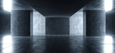 Sci Fi fütüristik parlak koyu boş stüdyo podyum Showroom yansıtıcı Grunge beton parlayan zarif oda tünel boş alanı arka plan 3d render illüstrasyon