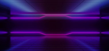 Neon parlayan Cyber mor mavi pembe Sci Fi Modern futuristik minimalist koyu siyah oda duvarları üzerine düşünceler ile boş alanı 3d render illüstrasyon