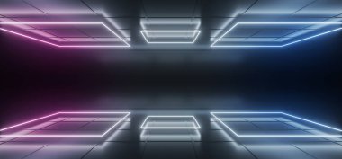 Sci Fi Modern futuristik koyu siyah oda ile yansımaları ve farklı Rectlangle şeklinde Neon ışıkları üzerinde tavan yansıyan üzerinde boş alan 3d render illüstrasyon