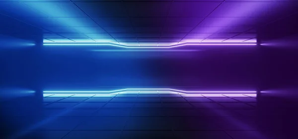 ネオン輝くサイバー パープル ブルー ピンク サイファイ モダンな未来的なミニマルな暗いブラック ルーム壁に光が反射して空スペース レンダリング図 — ストック写真
