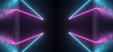 Fütüristik Sci Fi mavi ve mor Neon Tüp ışıkları Refelctions boş beton zemin oda parlak uzay 3d render illüstrasyon