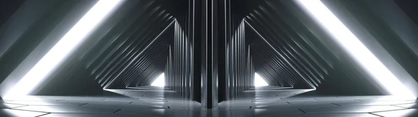 Modern Alien Ship Reflective Dark Futuristic Triangle Sci-Fi Empty Corridor Room With Lights And Reflection. 3D Rendering Illustration