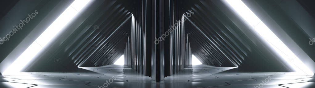 Modern Alien Ship Reflective Dark Futuristic Triangle Sci-Fi Empty Corridor Room With Lights And Reflection. 3D Rendering Illustration