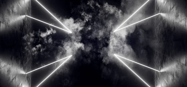 Fumo Nebbia Futuristico Fantascienza Bianco Neon Tubo Luci Incandescente Calcestruzzo — Foto Stock