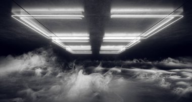 Sis fütüristik Sci-Fi köşeli ayraç Neon beyaz parlak ışıklarla beton zemin ve tavan karanlık boş alanı üzerine düşünceler şeklinde duman 3d render illüstrasyon