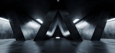 Üçgen beton Sci Fi fütüristik zarif boş karanlık yansıtıcı büyük salon sahne yabancı gemi Oda tünel koridor Studio parlayan ışıklar Grunge 3d render illüstrasyon şeklinde.
