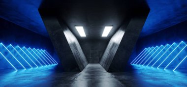 Sci Fi fütüristik Neon parlayan üçgen şekilli mavi çizgiler Grunge beton yansıtıcı doku karanlık boş alanı dans sahne salonu oda 3d render illüstrasyon