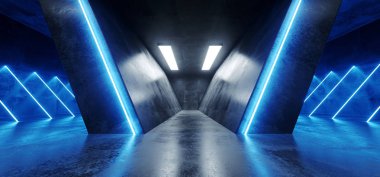 Sci Fi fütüristik Neon parlayan üçgen şekilli mavi çizgiler Grunge beton yansıtıcı doku karanlık boş alanı dans sahne salonu oda 3d render illüstrasyon