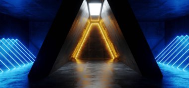 Sci Fi fütüristik Neon parlayan üçgen şekilli mavi beyaz turuncu sarı çizgiler Grunge beton yansıtıcı doku karanlık boş alanı dans sahne salonu oda 3d render illüstrasyon