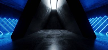 Sci Fi fütüristik Neon parlayan Triangel şekilli mavi çizgiler Grunge beton yansıtıcı doku karanlık boş alanı dans sahne salonu oda 3d render illüstrasyon