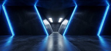 Sci Fi fütüristik Neon parlayan Triangel şekilli mavi çizgiler Grunge beton yansıtıcı doku karanlık boş alanı dans sahne salonu oda 3d render illüstrasyon