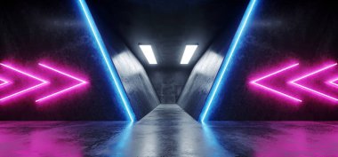 Sci Fi mor mavi pembe şık futuristik Retro uzaylı Grunge yansıtıcı beton salonu oda sahne dans ok şeklinde parlak neon ışıkları 3d render illüstrasyon