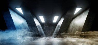 Duman üçgen beton Sci Fi fütüristik Neon mavi beyaz zarif boş karanlık yansıtıcı büyük salon sahne yabancı gemi Oda tünel koridor Studio parlayan ışıklar Grunge 3d render illüstrasyon şeklinde.