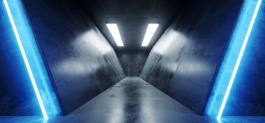 Sci Fi fütüristik Neon parlayan üçgen şekilli mavi çizgiler Grunge beton yansıtıcı doku karanlık boş alanı dans sahne salonu oda 3d render illüstrasyon