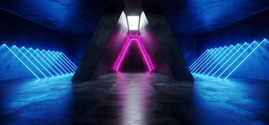 Sci Fi fütüristik Neon parlayan üçgen şekilli mavi çizgiler Grunge beton yansıtıcı doku karanlık boş alanı dans sahne salonu oda 3d render illüstrasyon