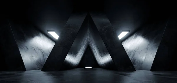 Triangle Shaped Grunge Concrete Sci Fi Futuristic Elegant Empty Dark Reflective Big Hall Scene Alien Ship Room Tunnel Corridor Glowing Studio Lights 3D Rendering Illustration