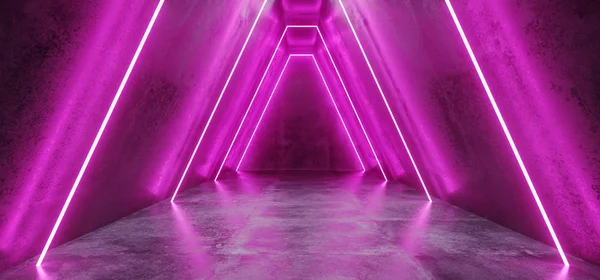 Sci Fi Futuristic Neon Vibrant Glowing Triangle Shaped Purple Pink Lines Grunge Concrete Reflective Texture Dark Empty Space Dance Stage Hall Room 3D Rendering Illustration