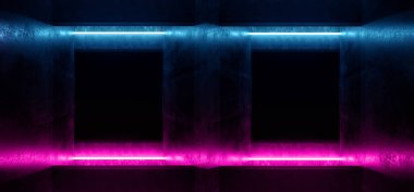 Zarif Neon lazer parlayan led tüp dikey ışıklar içinde karanlık boş beton tuğla Grunge Galeri Oda tünel Sci Fi Retro futuristik 3d render illüstrasyon