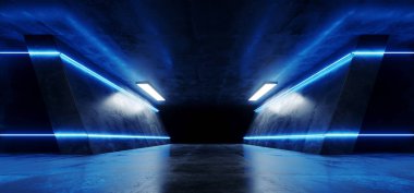 Retro futuristik Sci Fi parlak neon dans floresan lüks parlak çizgiler boş karanlık sahne uzaylı koridor tünel Grunge Mavi ışıklar beton 3d render illüstrasyon