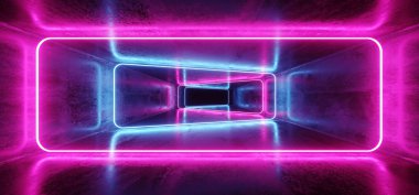 Floresan ultraviyole lüks parlak dikdörtgen şekilli çerçeve parlak neon ışıkları mor pembe mavi karanlık Grunge boş beton yansıtıcı koridorda 3d render illüstrasyon