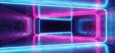 Floresan ultraviyole lüks parlak dikdörtgen şekilli çerçeve parlak neon ışıkları mor pembe mavi karanlık Grunge boş beton yansıtıcı koridorda 3d render illüstrasyon